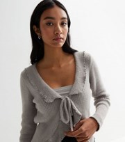 New Look Pale Grey Eyelash Knit Frill Tie Front Cardigan